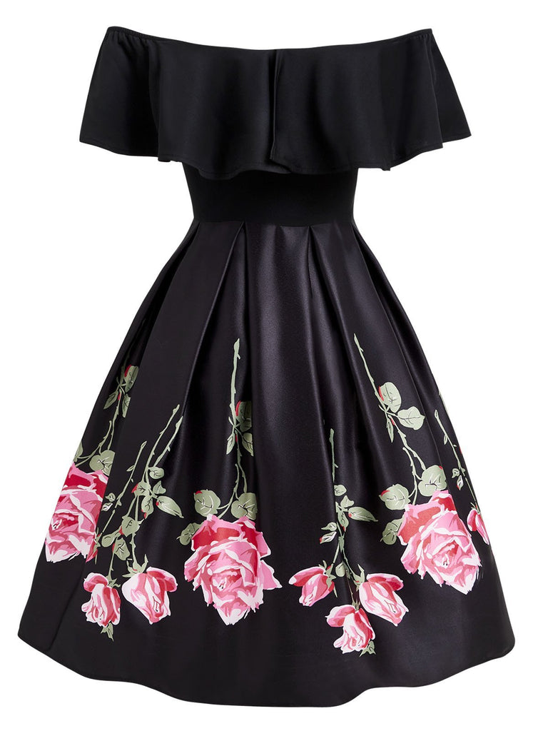 Black 1950s Ruffle Off Shoulder Dress