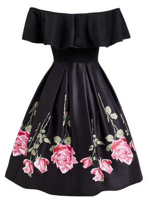 Black 1950s Ruffle Off Shoulder Dress