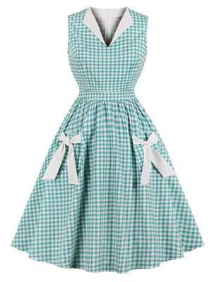 Cotton 1950s Green Plaid Bow Pockets Dress