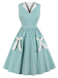 Cotton 1950s Green Plaid Bow Pockets Dress