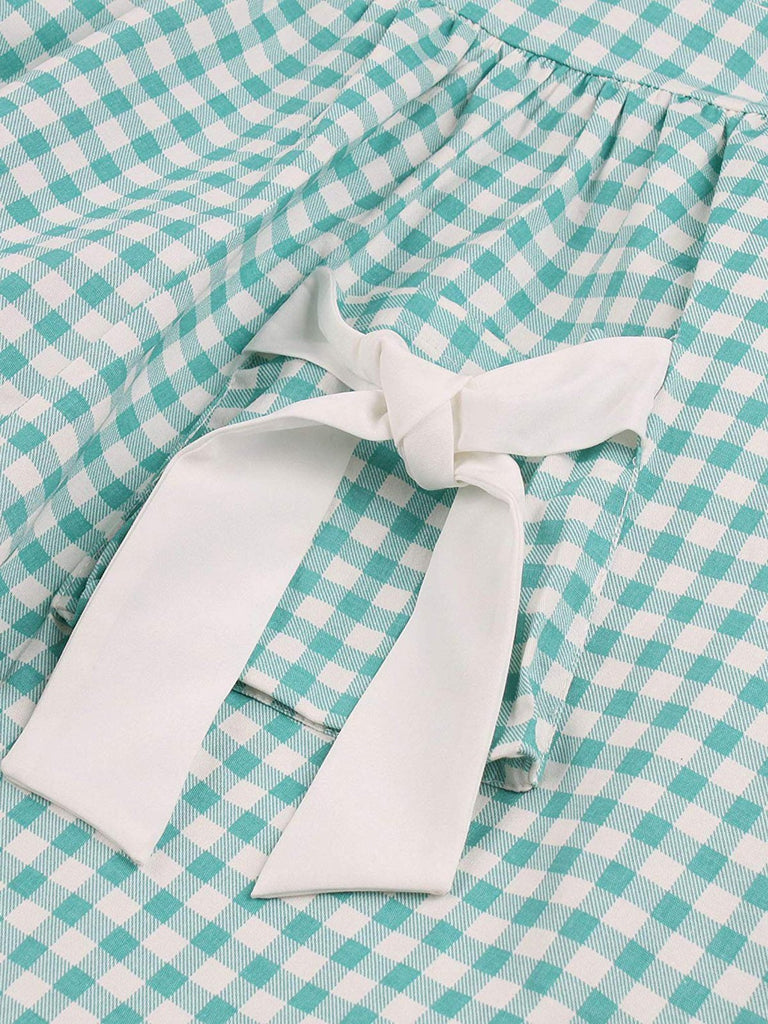 Cotton 1950s Green Plaid Bow Pockets Dress