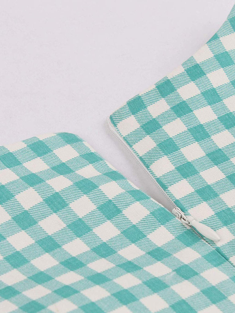 Cotton 1950s Green Plaid Bow Pockets Dress