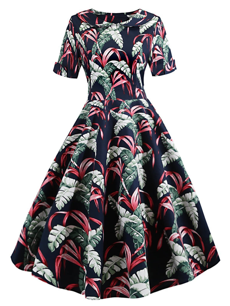 Navy Blue 1950s Tropical Plants Swing Dress