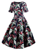 Navy Blue 1950s Tropical Plants Swing Dress