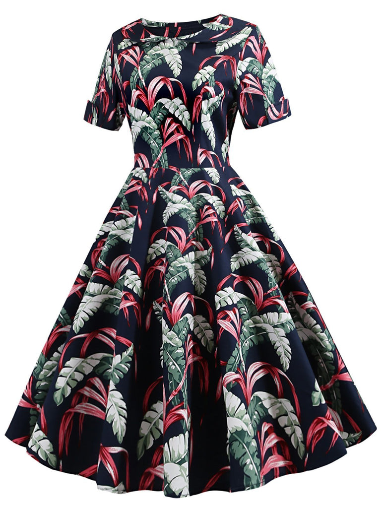 Navy Blue 1950s Tropical Plants Swing Dress