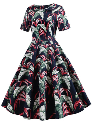 Navy Blue 1950s Tropical Plants Swing Dress
