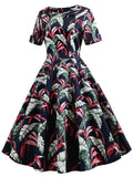 Navy Blue 1950s Tropical Plants Swing Dress
