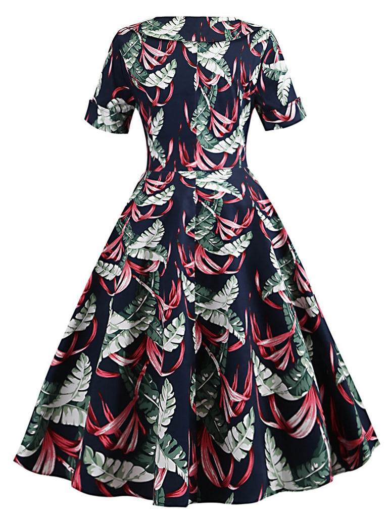 Navy Blue 1950s Tropical Plants Swing Dress
