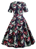 Navy Blue 1950s Tropical Plants Swing Dress