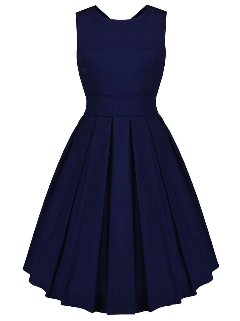 Navy Blue 1950s Lace Up Swing Dress