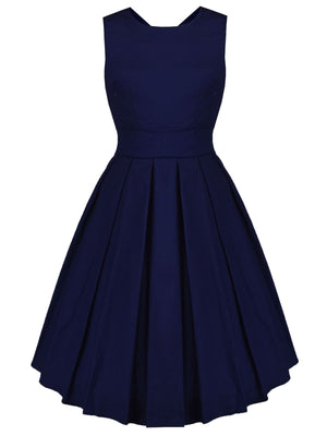 Navy Blue 1950s Lace Up Swing Dress