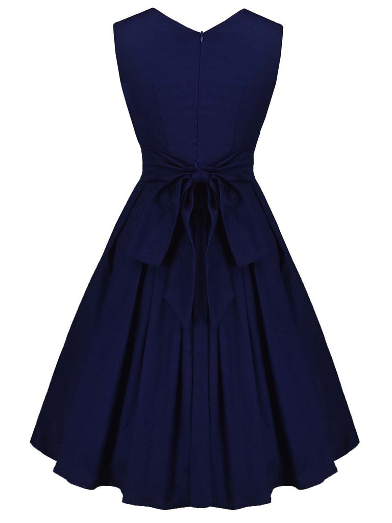 Navy Blue 1950s Lace Up Swing Dress