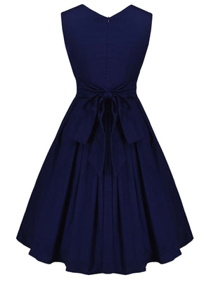 Navy Blue 1950s Lace Up Swing Dress