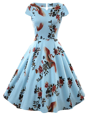 Blue 1950s Floral Birds Swing Dress