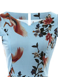 Blue 1950s Floral Birds Swing Dress
