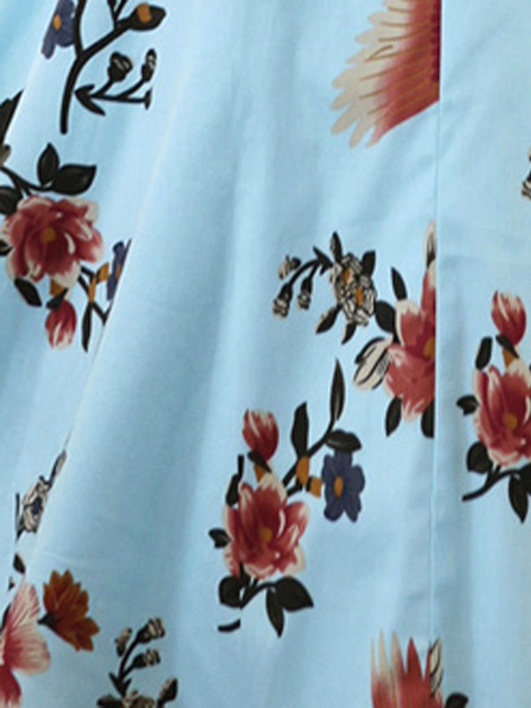 Blue 1950s Floral Birds Swing Dress