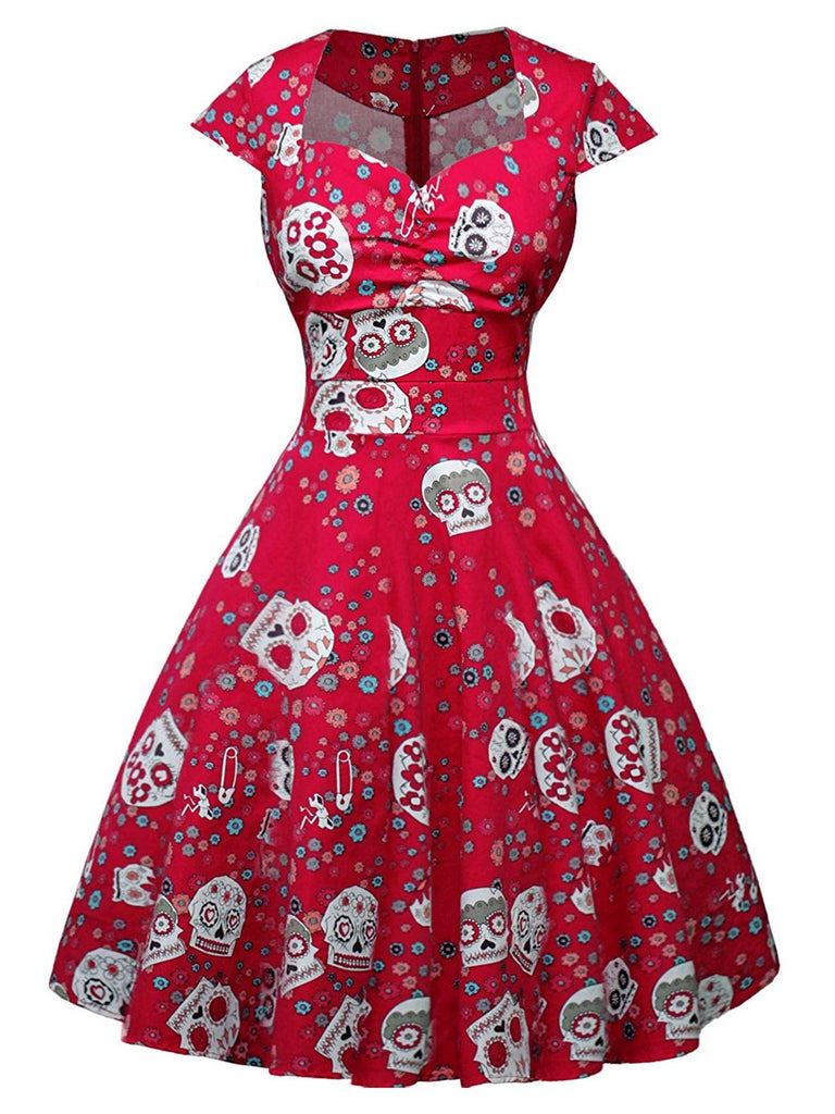 1950s Halloween Skull Floral Dress