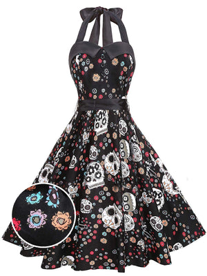 1950s Halloween Floral Skull Dress
