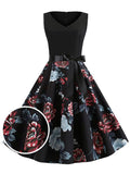 Black 1950s Floral Belted Swing Dress