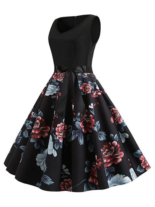 Black 1950s Floral Belted Swing Dress