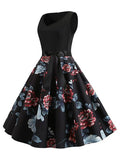 Black 1950s Floral Belted Swing Dress