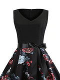 Black 1950s Floral Belted Swing Dress