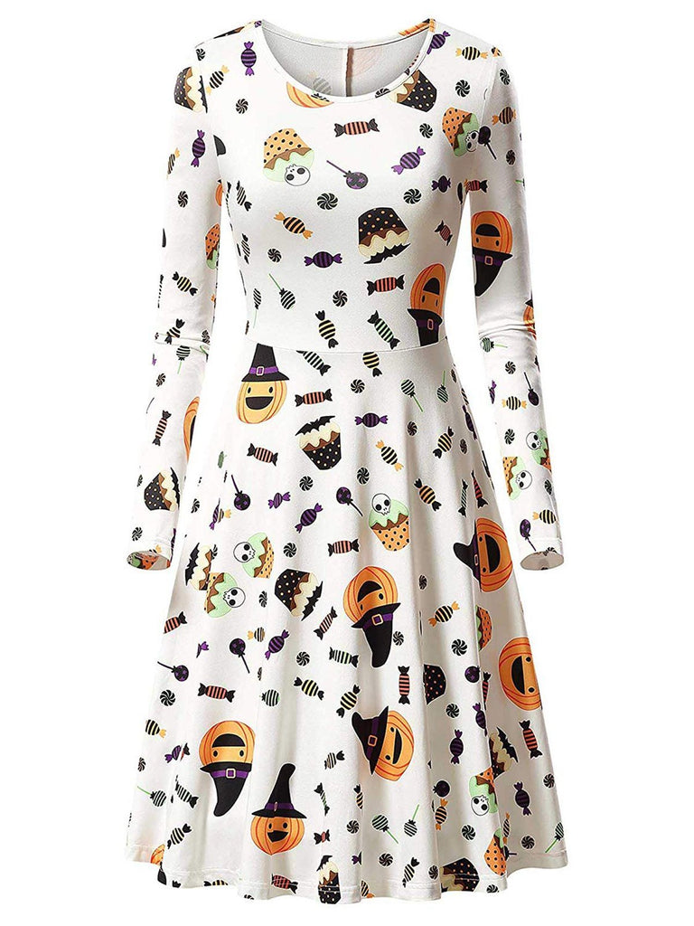 White 1950s Halloween Pumpkin Flared Dress