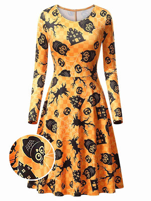 Orange 1950s Halloween Owl Flared Dress