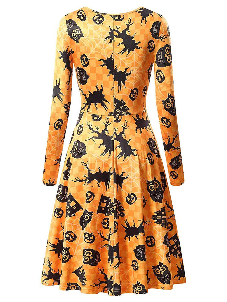 Orange 1950s Halloween Owl Flared Dress