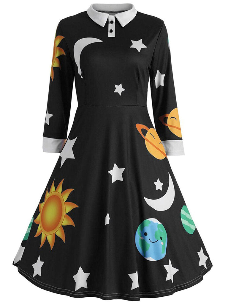Black 1950s 3/4 Sleeve Planet Swing Dress