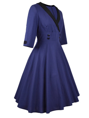 Navy Blue 1950s 3/4 Sleeve Swing Dress