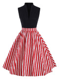 Red 1950s Patchwork Stripe Swing Dress
