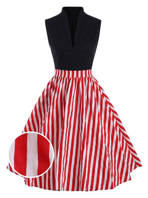 Red 1950s Patchwork Stripe Swing Dress