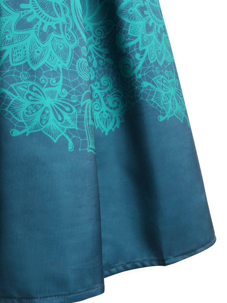 Blue 1950s Spaghetti Floral Swing Dress