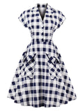 Special Blue White 1950s Pockets Plaid Dress