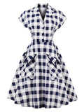 Blue White 1950s Pockets Plaid Dress