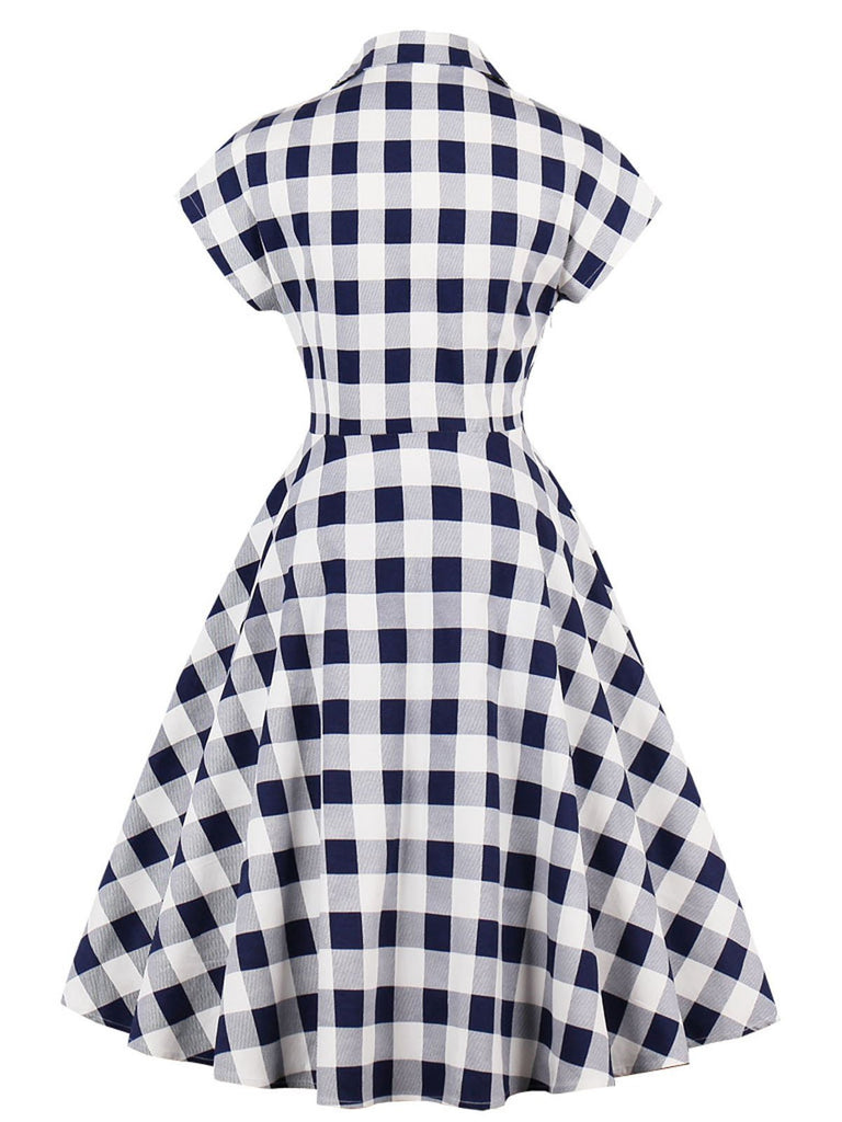 Special Blue White 1950s Pockets Plaid Dress