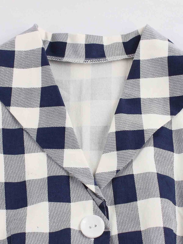 Special Blue White 1950s Pockets Plaid Dress