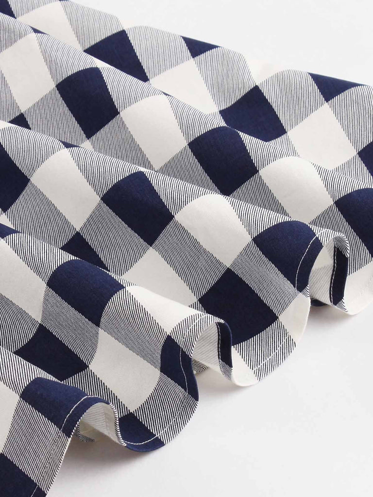 Special Blue White 1950s Pockets Plaid Dress