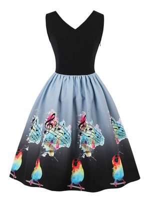 Black 1950s Music Note Print Dress