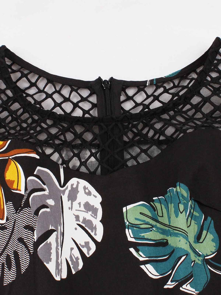 Black 1950s Leaves Print Sleeveless Dress