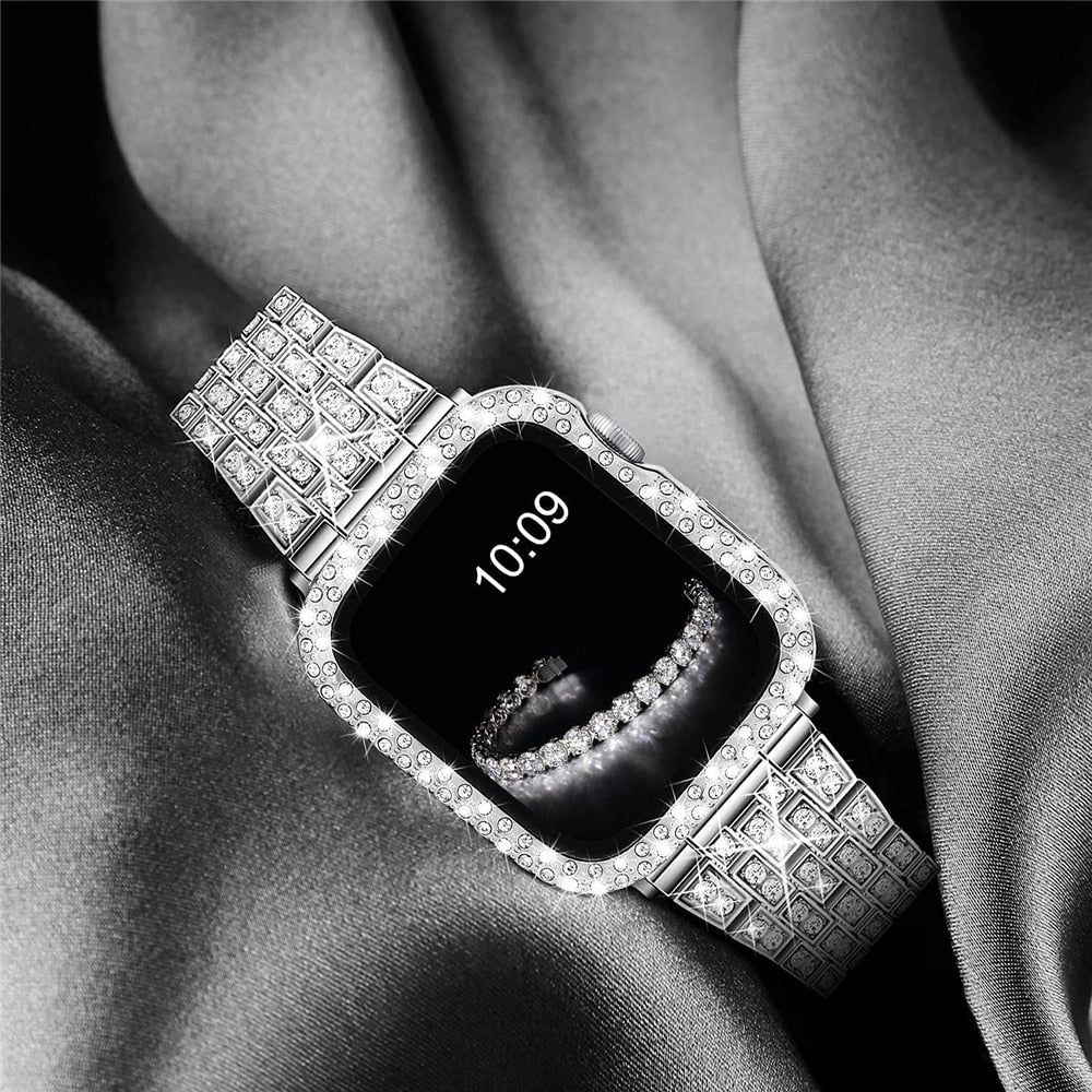 Women Diamond Case + Strap for Apple Watch Band 7 6 41mm 45mm 40mm 44mm Metal Bracelet for iWatch Series 7 SE 3 Jewelry Cover