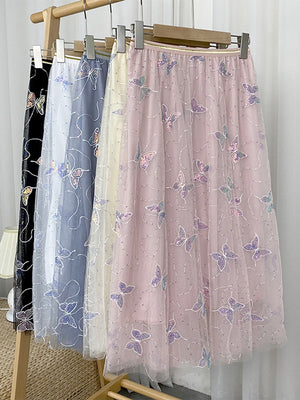 Butterfly Embroidery Sequined Sweet Tulle Skirt Elastic High Waist A Line Mesh Midi Skirt