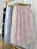 Butterfly Embroidery Sequined Sweet Tulle Skirt Elastic High Waist A Line Mesh Midi Skirt