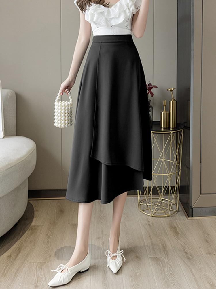 High Waist Long Women Spring Korean Style Solid Color All-match Ladies Elegant A-line Skirts