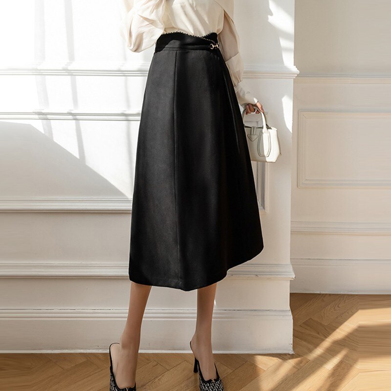 Ladies Elegant A-line Long Spring Korean Style Solid Color All-match High Waist Women Skirt