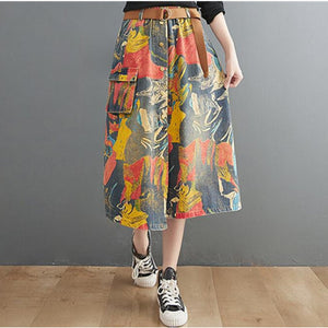 Summer New Ladies Denim Maxi Skirt Loose Pocket Retro Painting Mid-Calf Long Jean Skirt