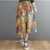 Summer New Ladies Denim Maxi Skirt Loose Pocket Retro Painting Mid-Calf Long Jean Skirt