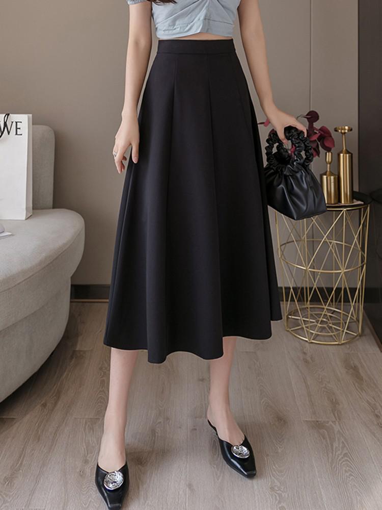 Ladies Elegant A-line Korean Style Solid Color Big Swing High Waist Women Long Skirt
