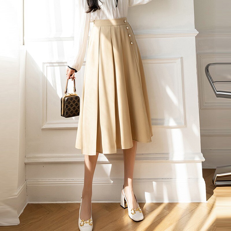 High Waist Long Women Spring Korean Style Solid Color All-match Ladies Elegant A-line Skirts